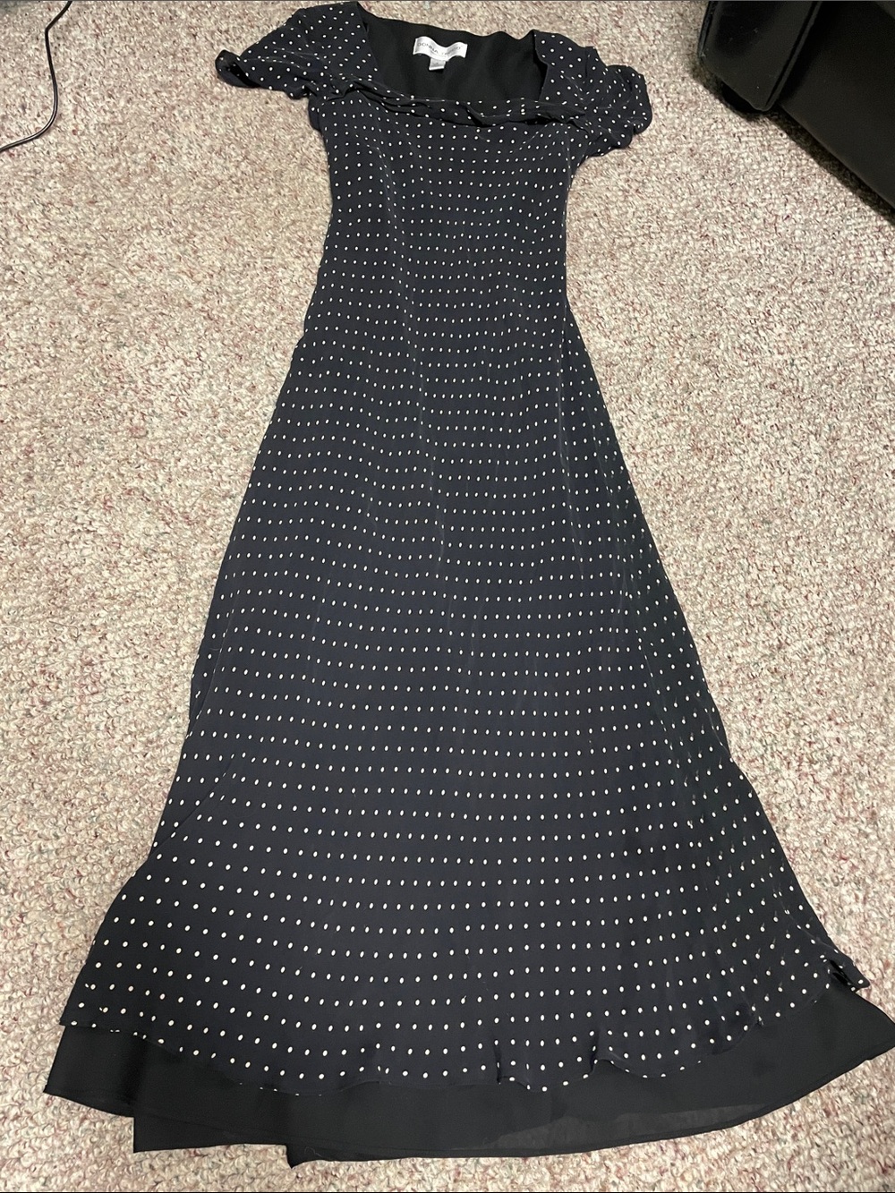 Donna Rico 100% silk Black Polka Dot Midi Dress - Cowl Neck cap sleeve